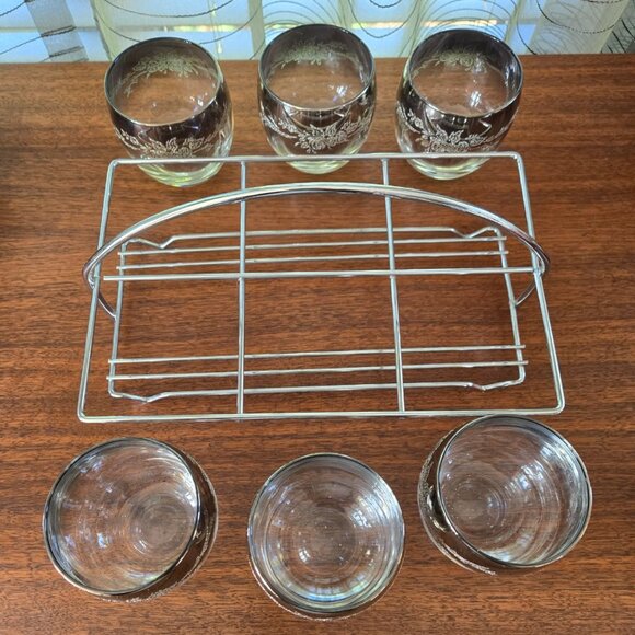 Silver Fade Roly Poly Glasses Caddy Set of 6 VTG MCM Ombre Relief Flowers 11.75" - Picture 9 of 9